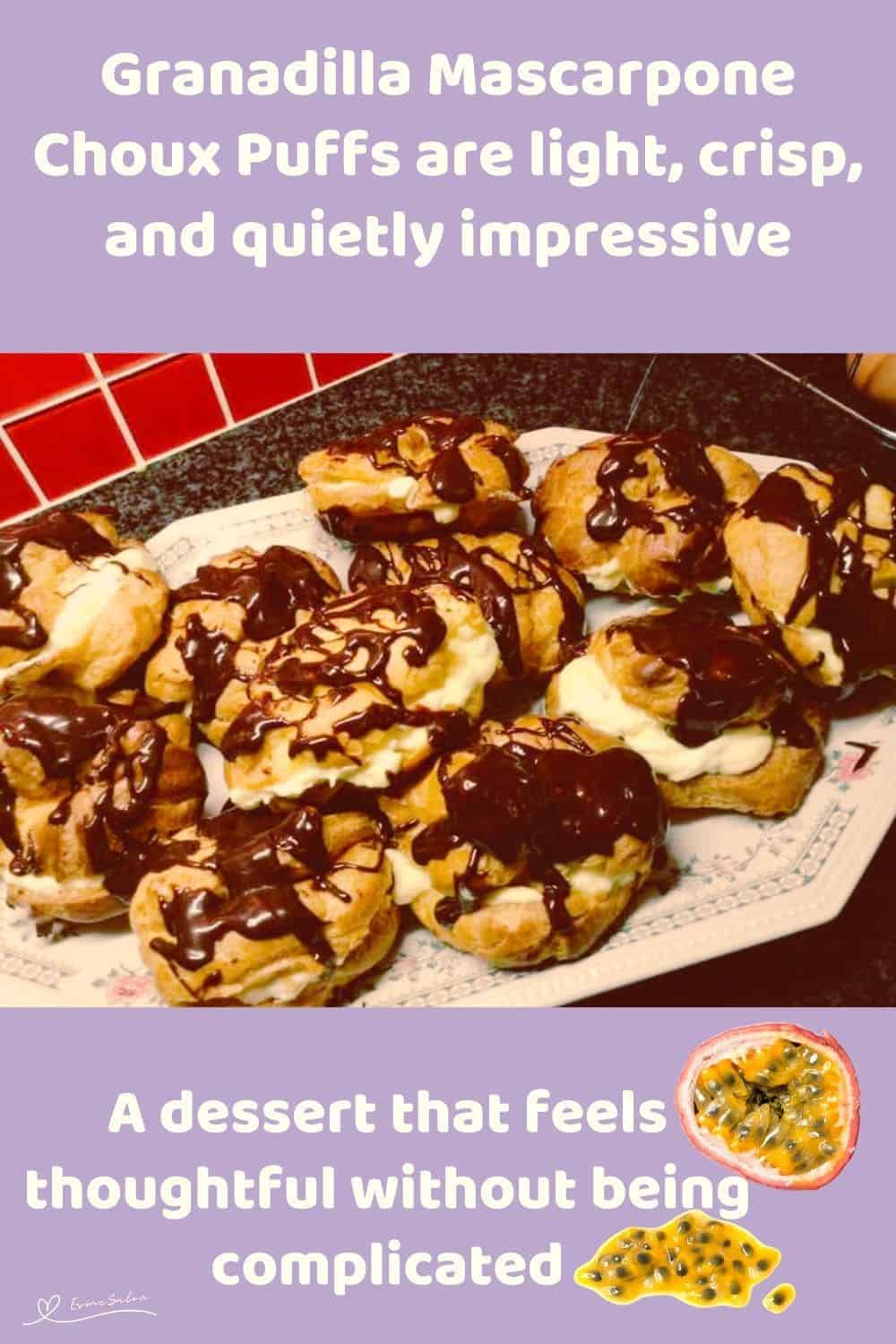 An image of Granadilla Mascarpone Choux Puffs with chocolate drizzle