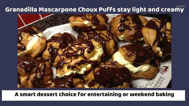 An image of Granadilla Mascarpone Choux Puffs with chocolate drizzle