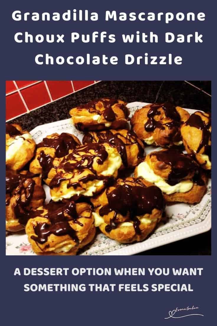 An image of Granadilla Mascarpone Choux Puffs with chocolate drizzle