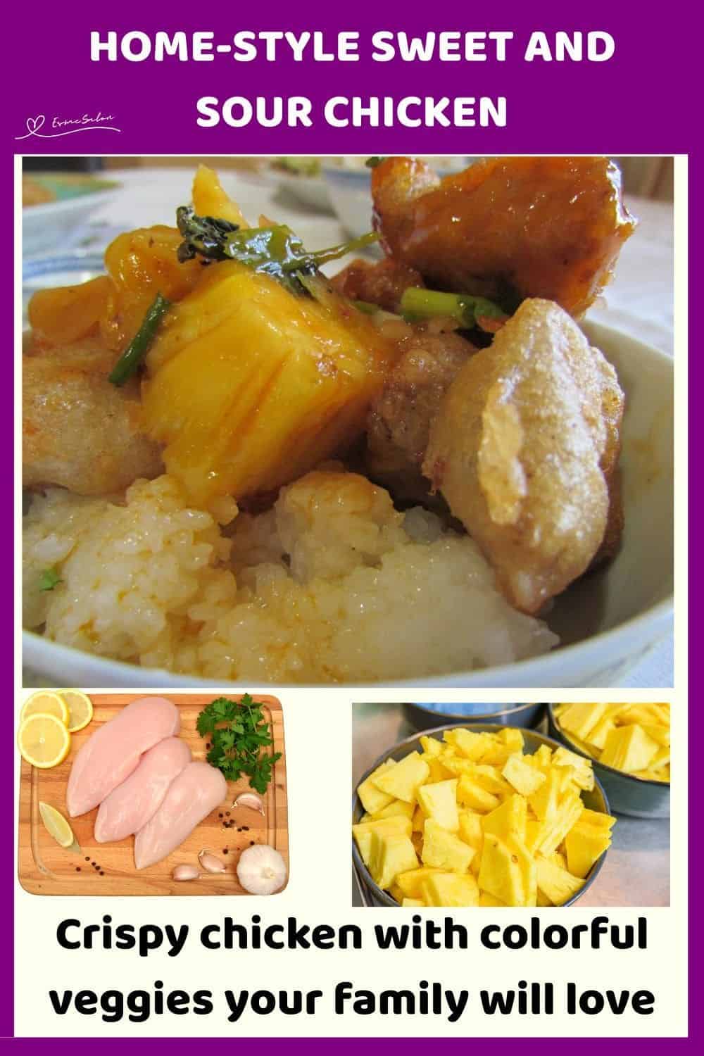 An image of Sweet and Sour Chicken with rice on the side