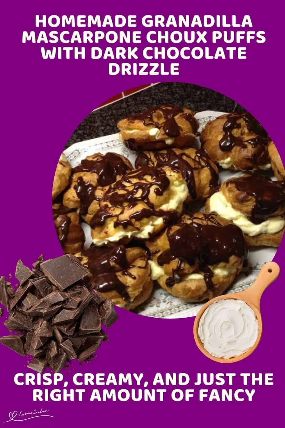 An image of Granadilla Mascarpone Choux Puffs with chocolate drizzle