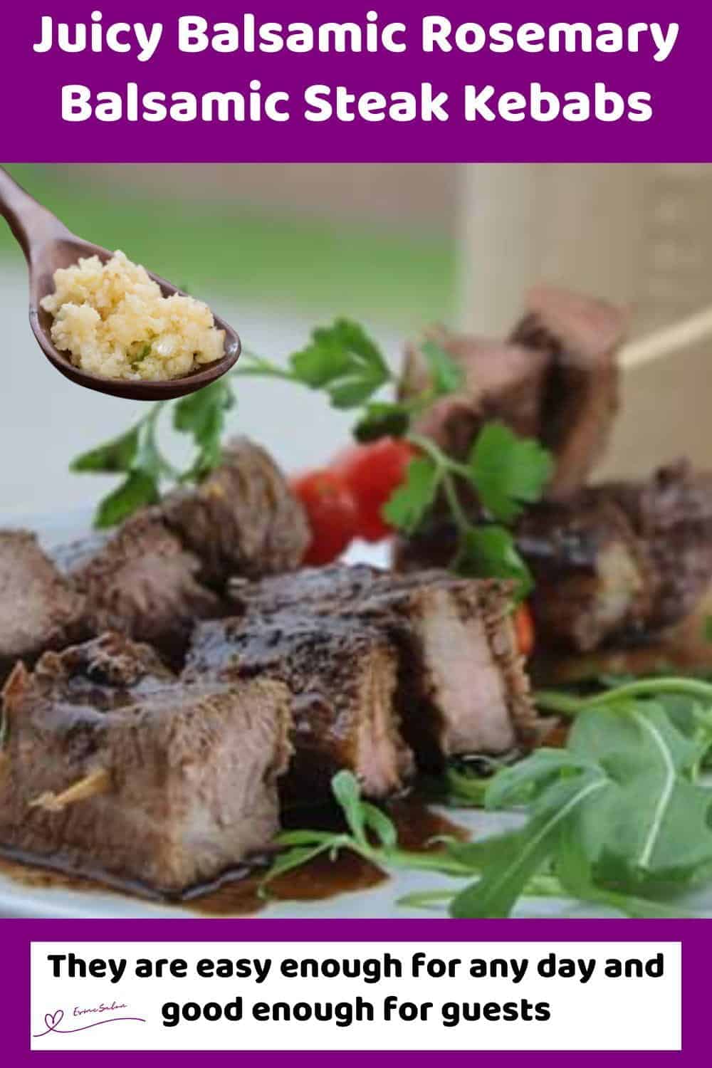 An image of Rosemary Balsamic Steak Kebabs with rocket salad on a white platter