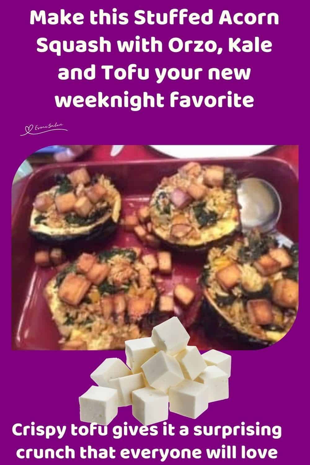 An image of 4 half sliced Stuffed Acorn Squash with Orzo, Kale and Tofu