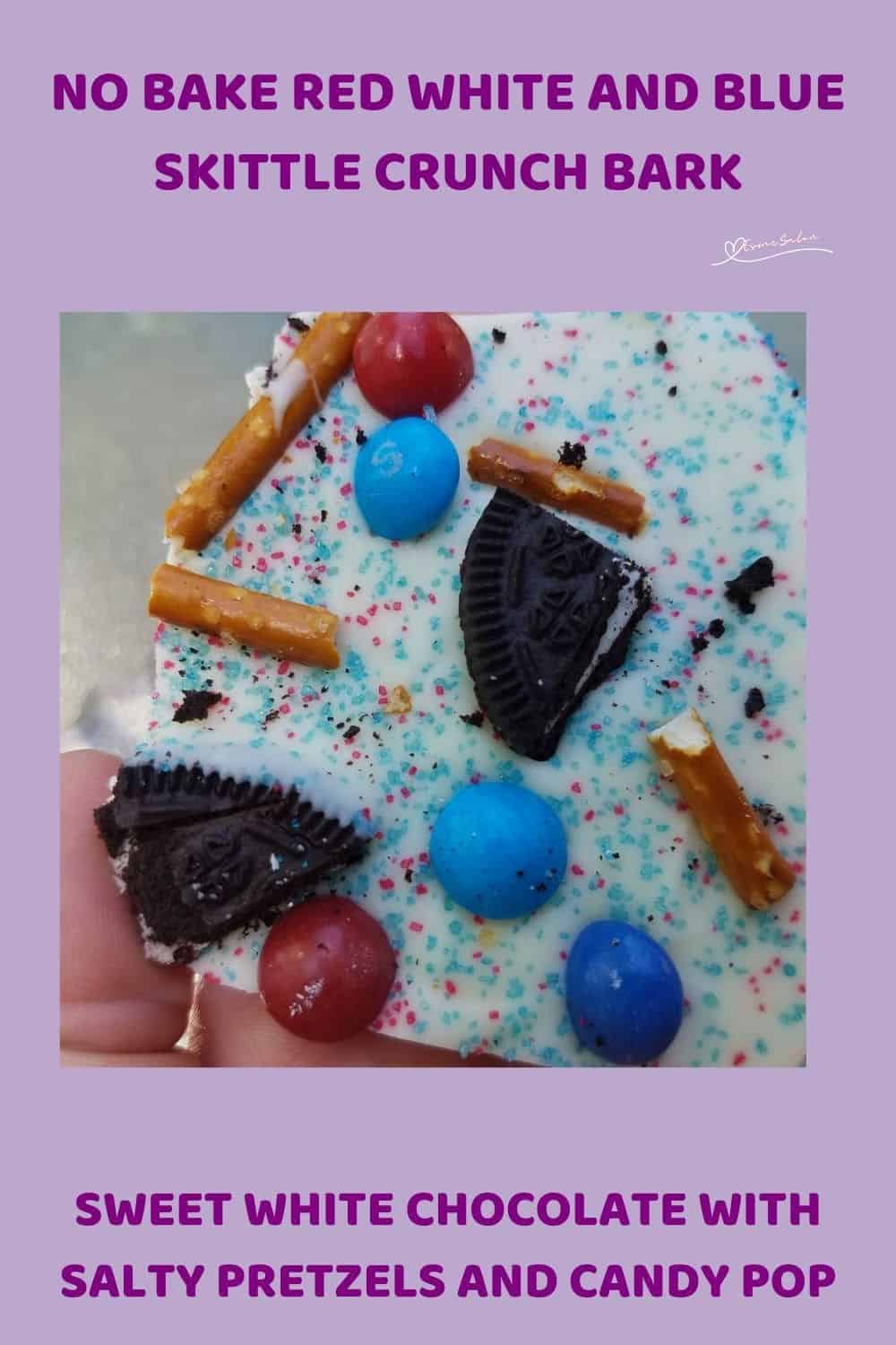 an image of Red White and Blue Skittle Crunch Bark with Pretzel sticks