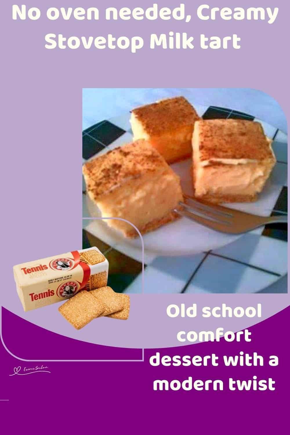 an image of 3 cubes of Creamy Stovetop Milk Tart on a checkered white and black plate