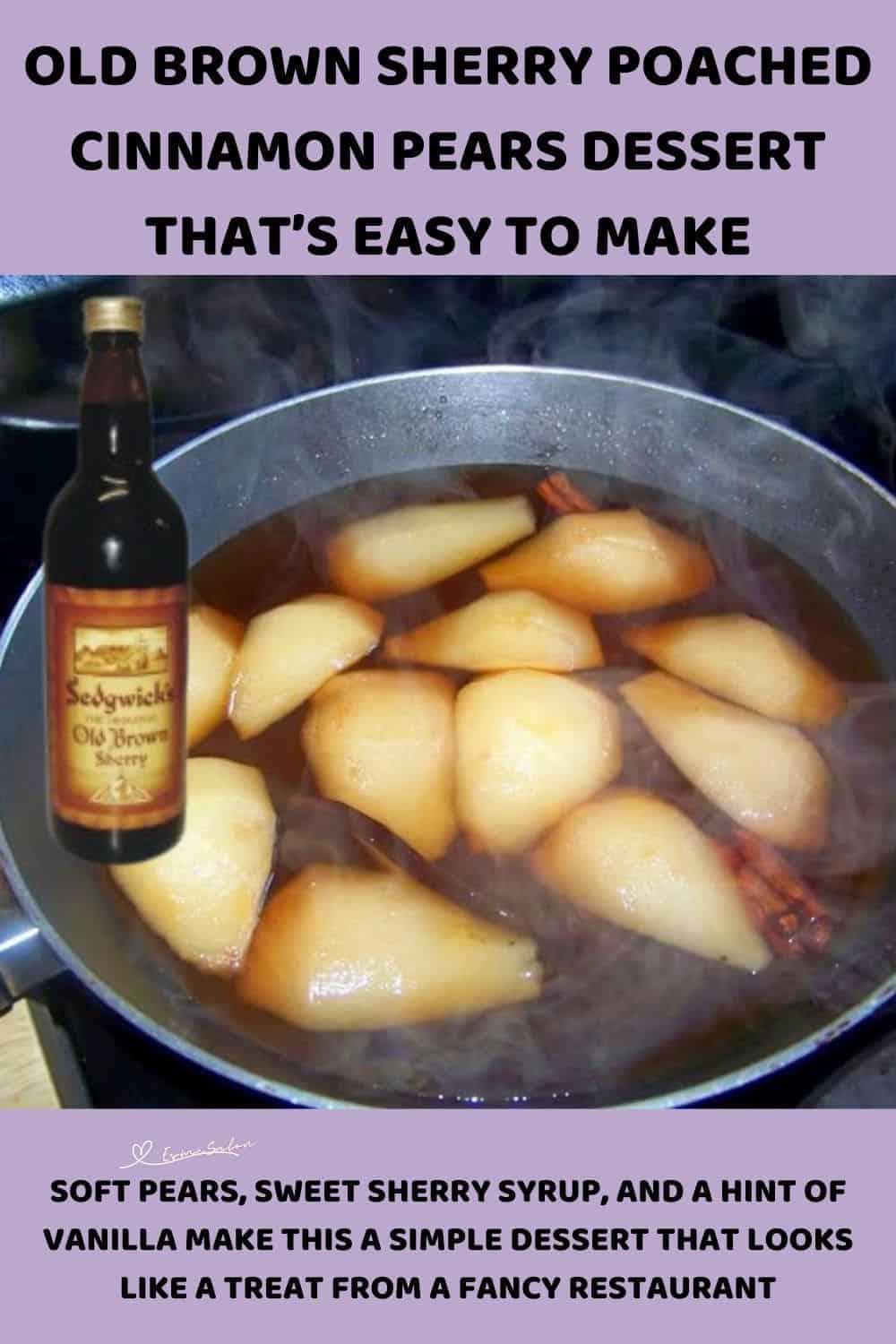 an image of a pan with Old Brown Sherry Poached Cinnamon Pears on stovetop