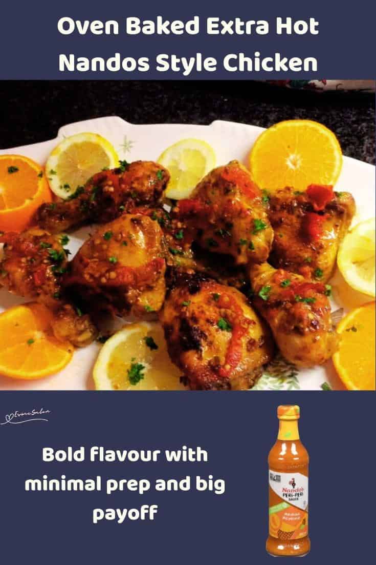 An image of a plate of Extra Hot Nandos Style Chicken with lemon slices