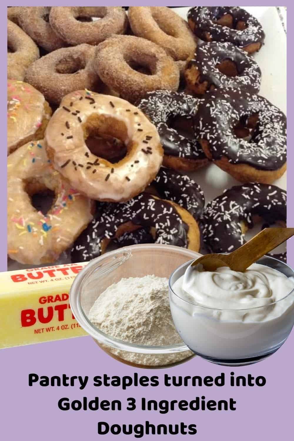 an image of a batch of Golden 3 Ingredient Doughnuts with white, chocolate glaze or cinnamon sprinkle