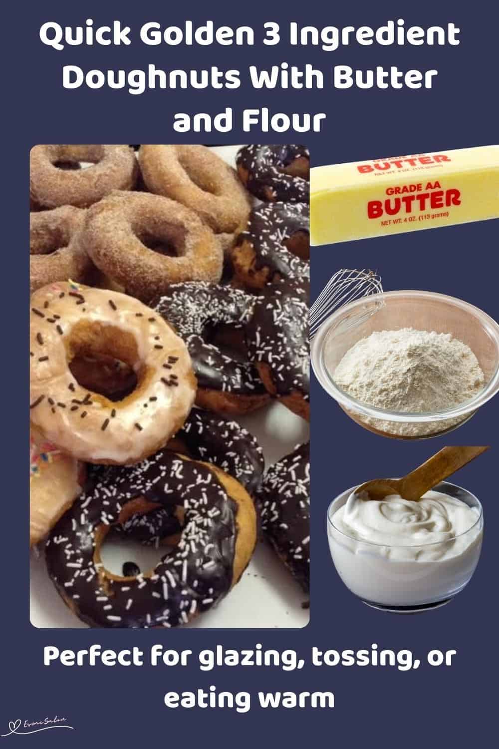 an image of a batch of Golden 3 Ingredient Doughnuts with white, chocolate glaze or cinnamon sprinkle