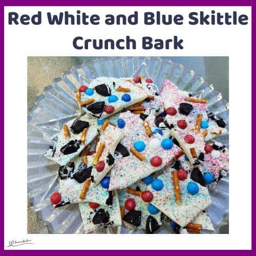 an image of Red White and Blue Skittle Crunch Bark with Pretzel sticks