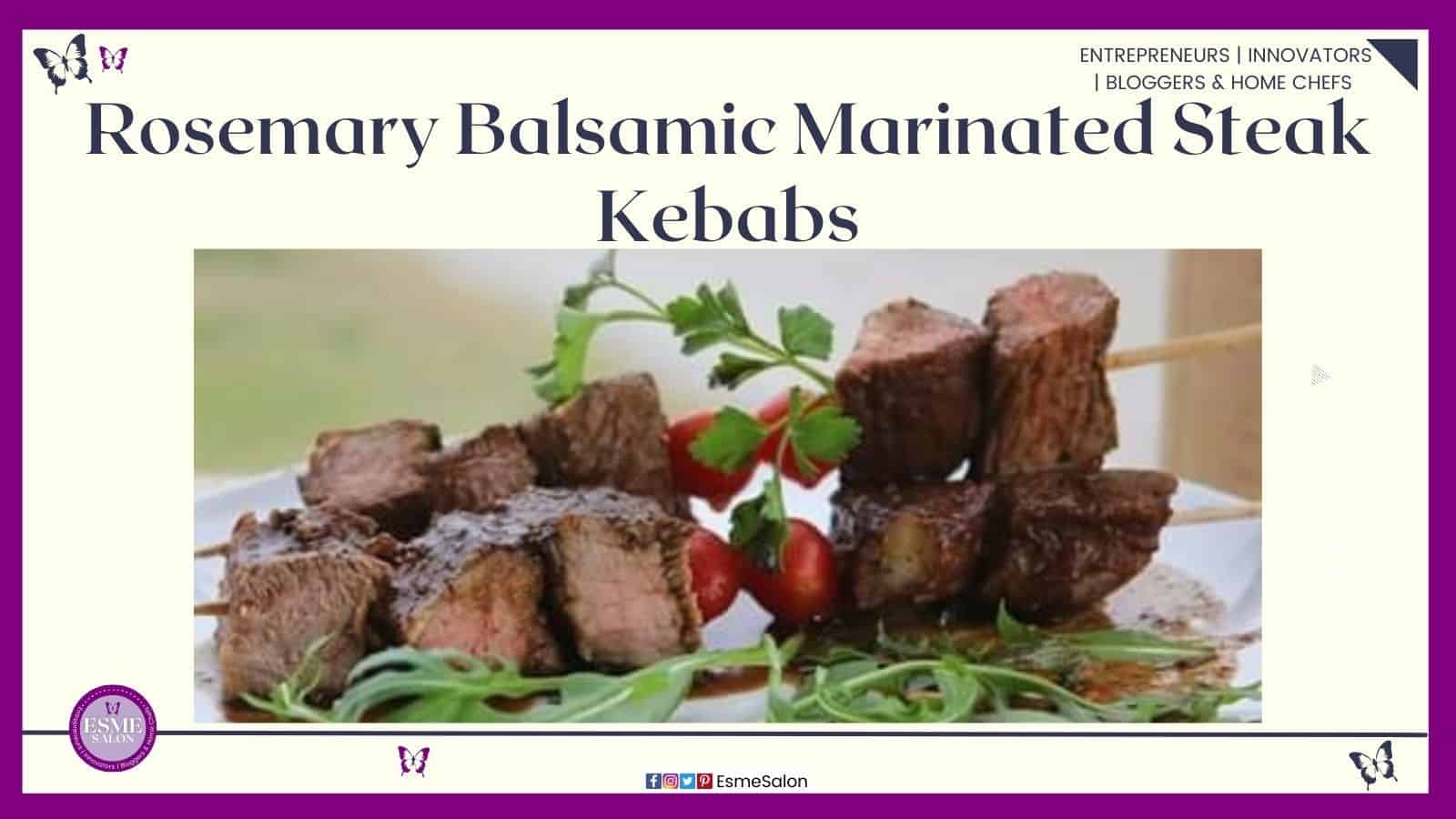 an image of Rosemary Balsamic Marinated Steak Kebabs on a skewer with red tomatoes