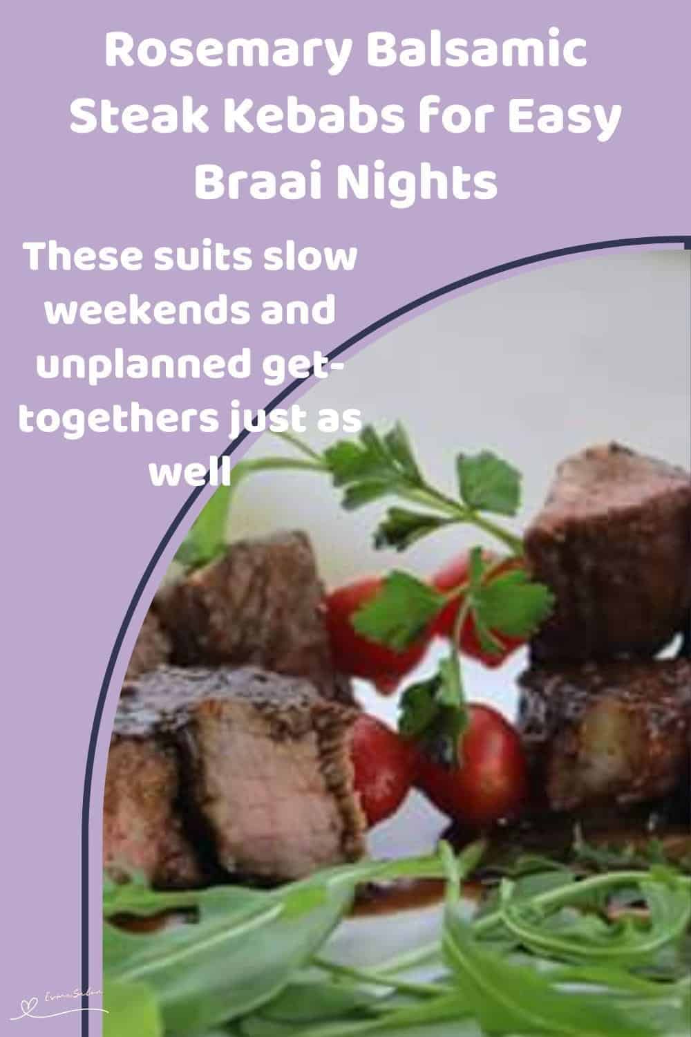 An image of Rosemary Balsamic Steak Kebabs with rocket salad on a white platter
