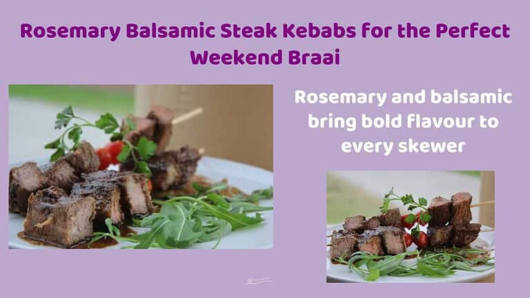 An image of Rosemary Balsamic Steak Kebabs with rocket salad on a white platter
