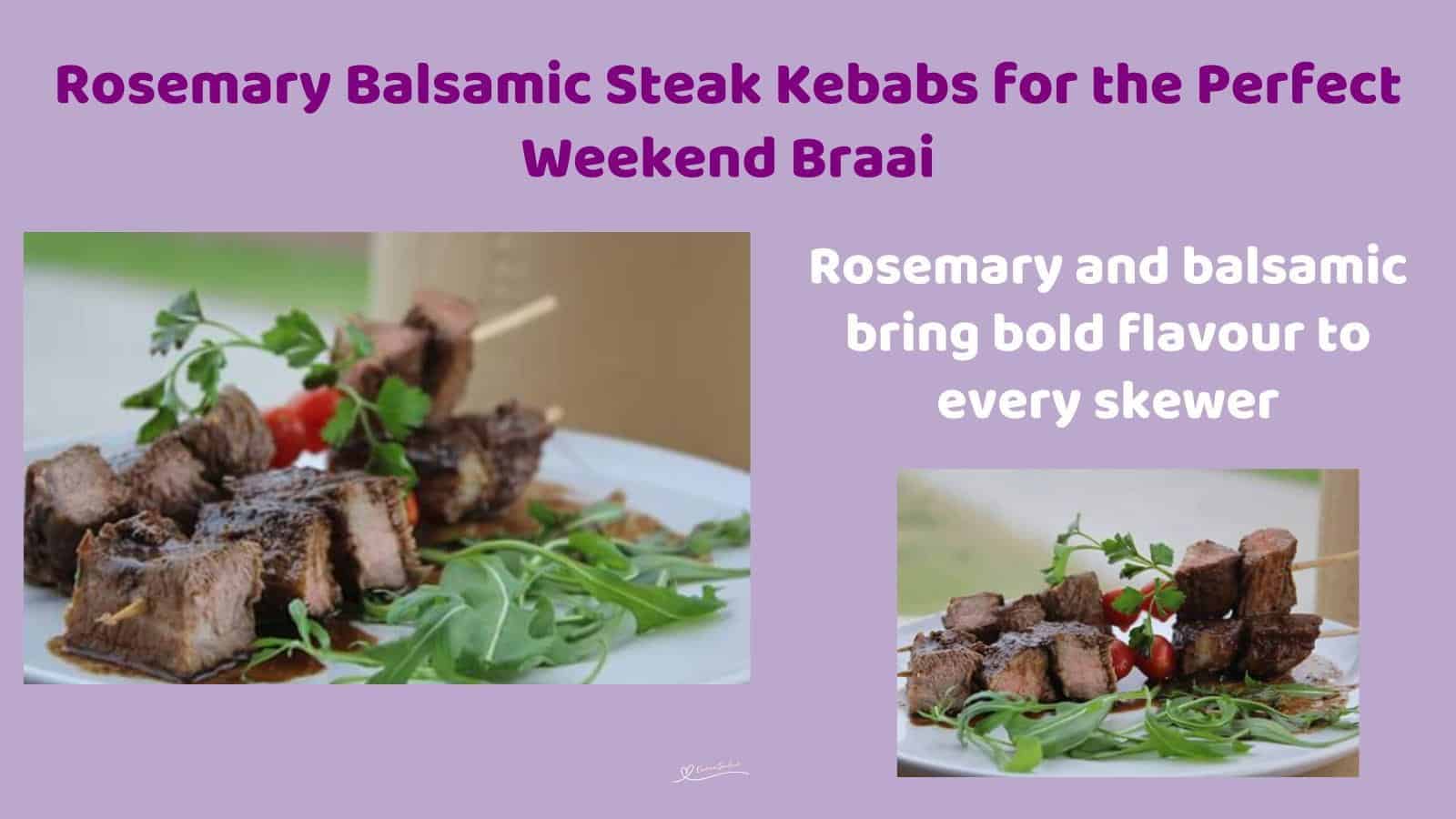 An image of Rosemary Balsamic Steak Kebabs with rocket salad on a white platter