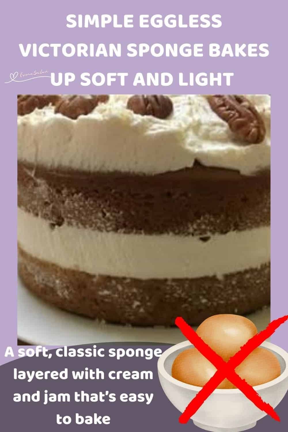 an image of a double layer Simple Eggless Victorian Sponge with cream and nuts