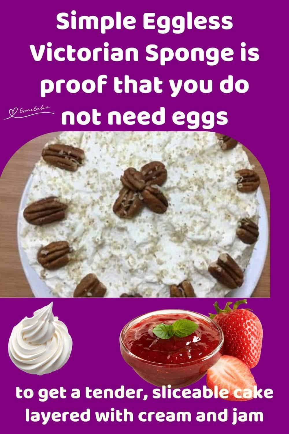 an image of a double layer Simple Eggless Victorian Sponge with cream and nuts