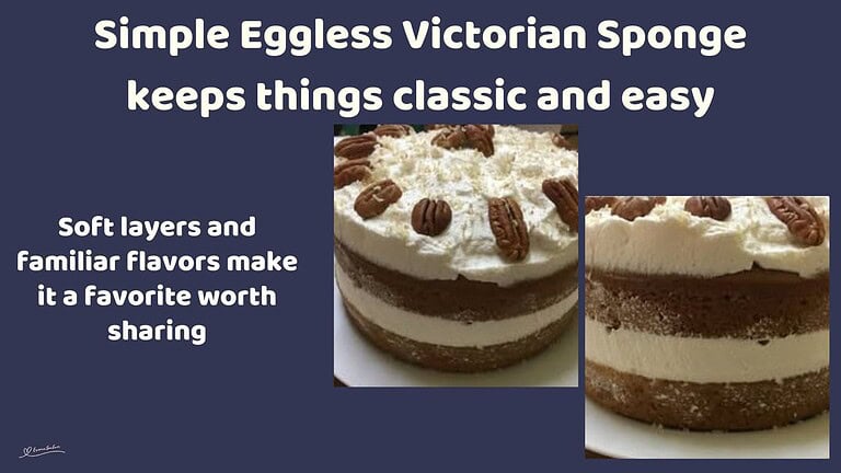 an image of a double layer Simple Eggless Victorian Sponge with cream and nuts