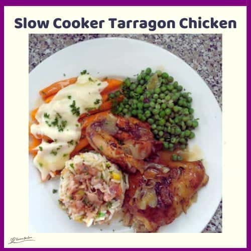 An image of Slow Cooker Tarragon Chicken with rice, peas and carrots