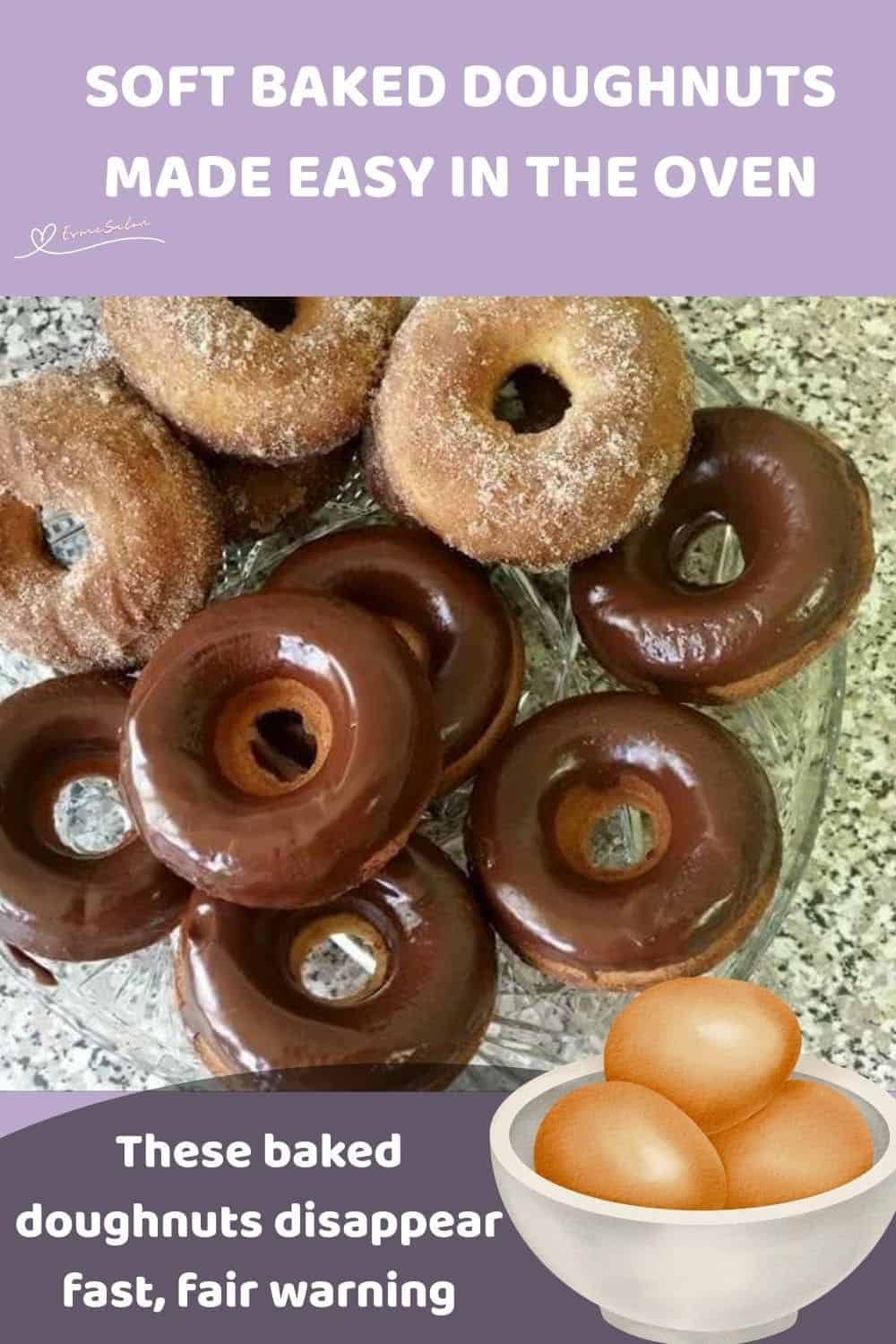 an image of Soft Baked Doughnuts, some covered with cinnamon sugar and others dipped in chocolate