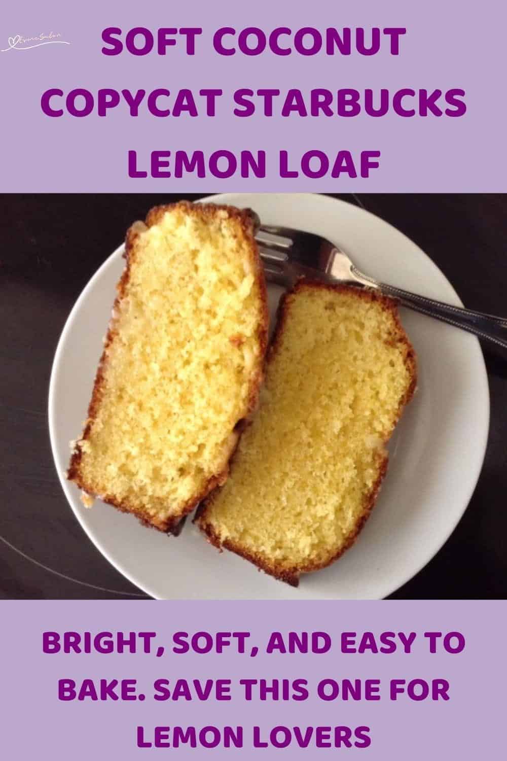 An image of Copycat Starbucks Lemon Loaf slices on a white plate with a fork