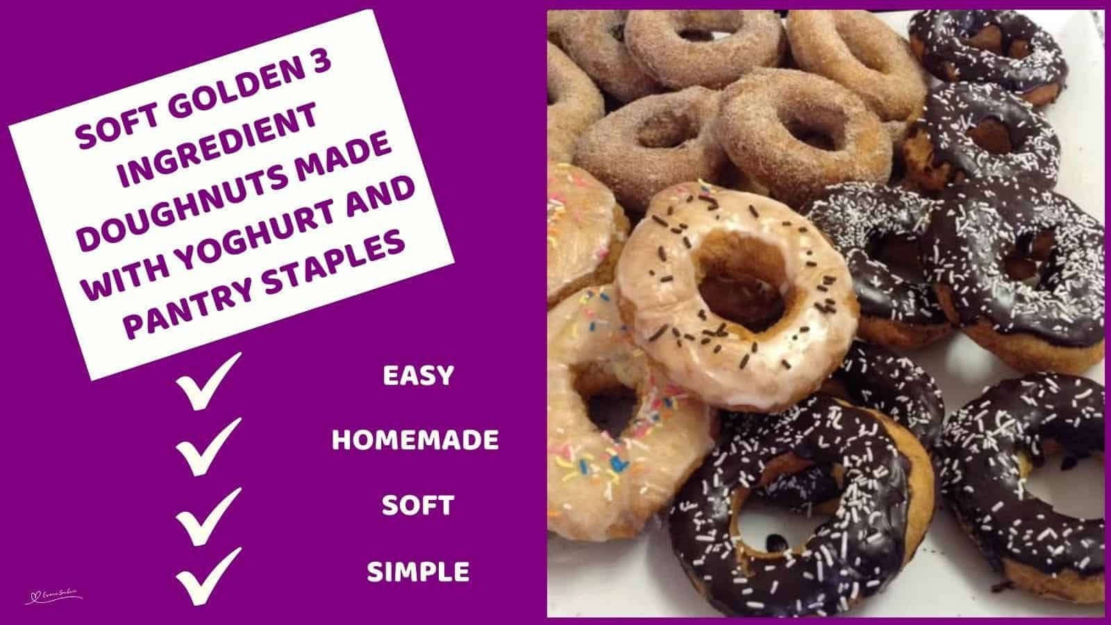 an image of a batch of Golden 3 Ingredient Doughnuts with white, chocolate glaze or cinnamon sprinkle