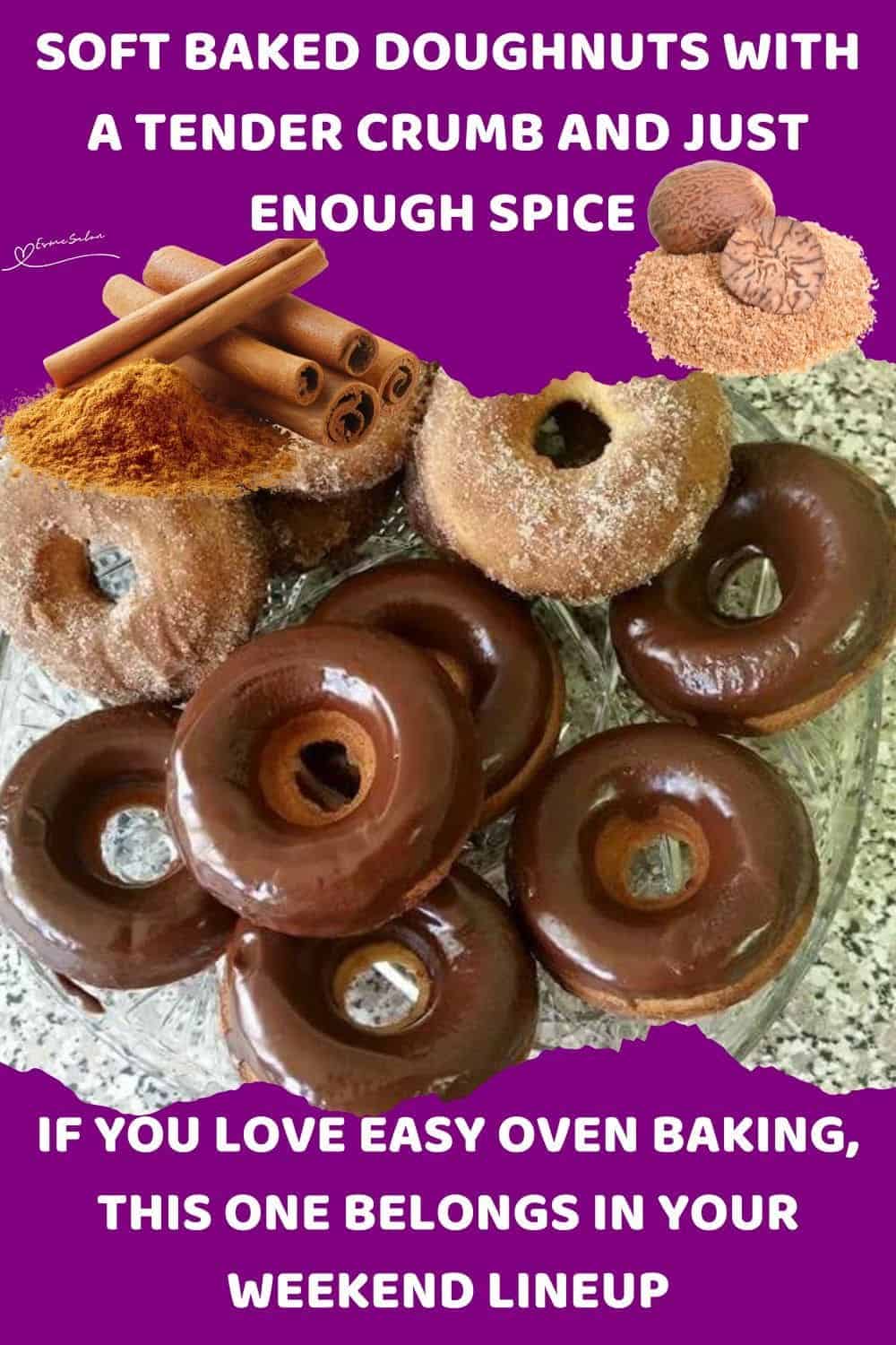 an image of Soft Baked Doughnuts, some covered with cinnamon sugar and others dipped in chocolate