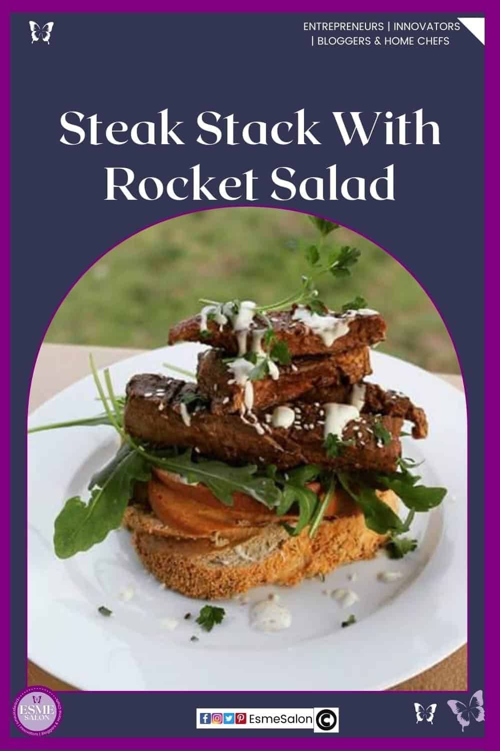 an image of a white plate with a slice of bread, rocket salad and slices of steak with a cream sauce