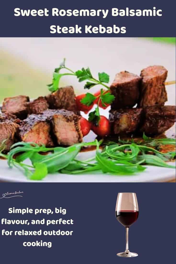 An image of Rosemary Balsamic Steak Kebabs with rocket salad on a white platter