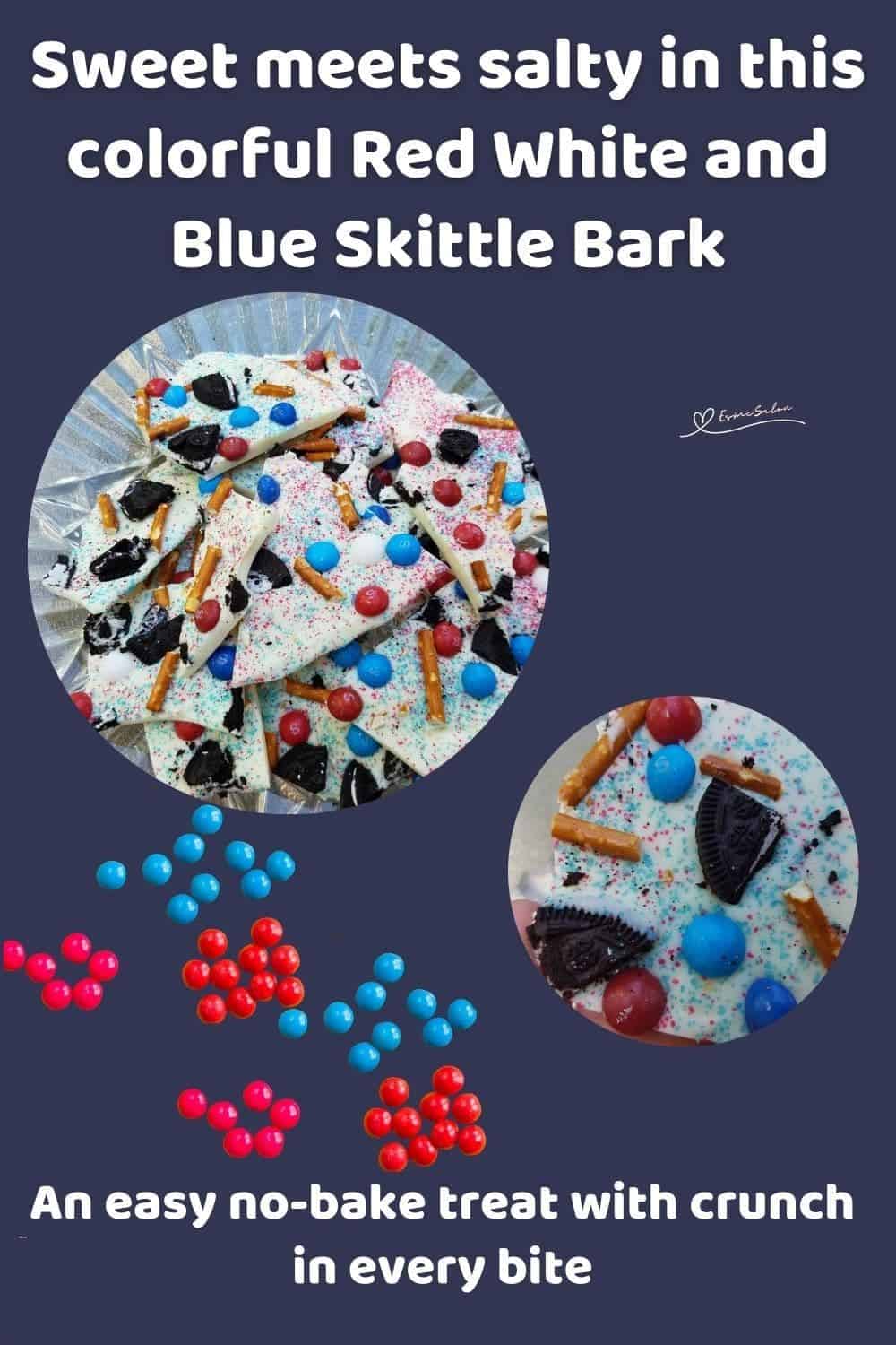 an image of Red White and Blue Skittle Crunch Bark with Pretzel sticks
