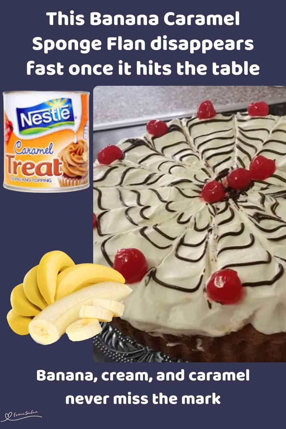 An image of a Banana Caramel Sponge Flan decorated with maraschino cherries