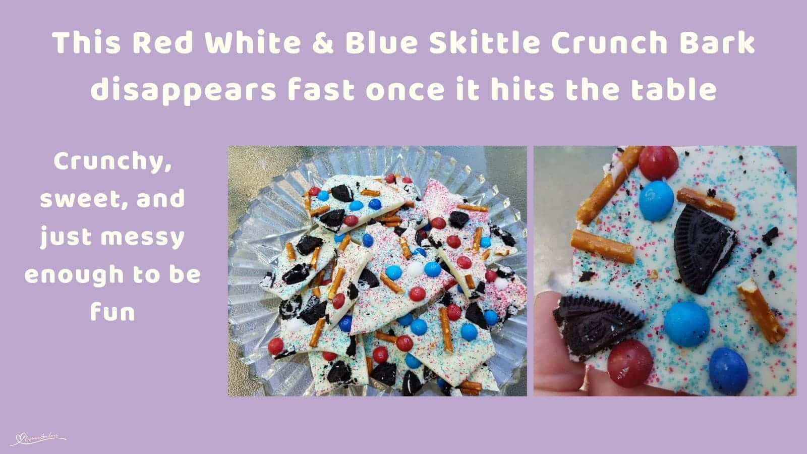 an image of Red White and Blue Skittle Crunch Bark with Pretzel sticks
