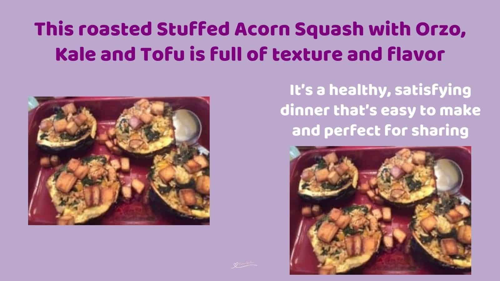 An image of 4 half sliced Stuffed Acorn Squash with Orzo, Kale and Tofu