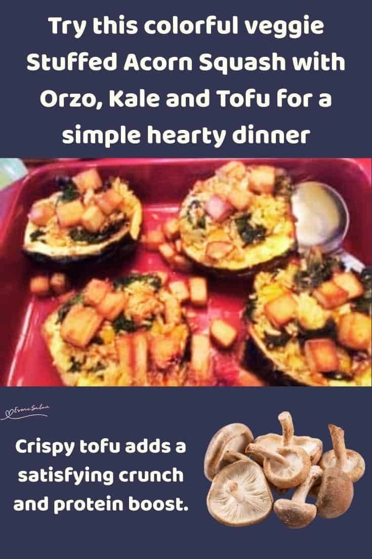 An image of 4 half sliced Stuffed Acorn Squash with Orzo, Kale and Tofu