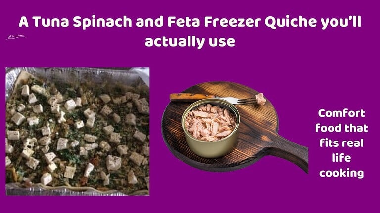 An image of a Tuna Spinach and Feta Freezer Quiche in a foil container