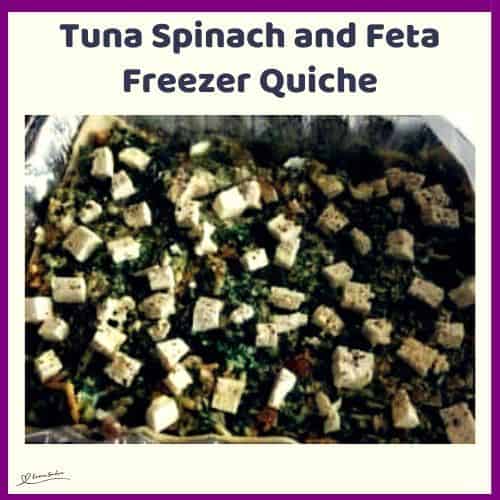 An image of a Tuna Spinach and Feta Freezer Quiche in a foil container