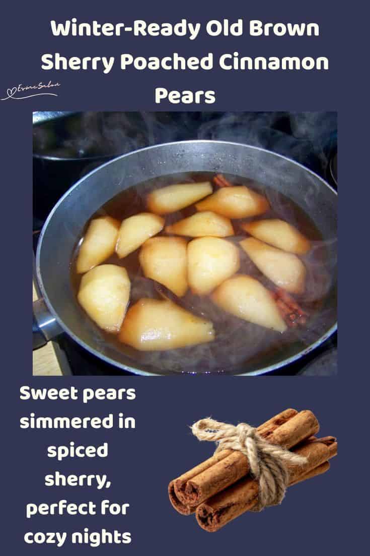 an image of a pan with Old Brown Sherry Poached Cinnamon Pears on stovetop