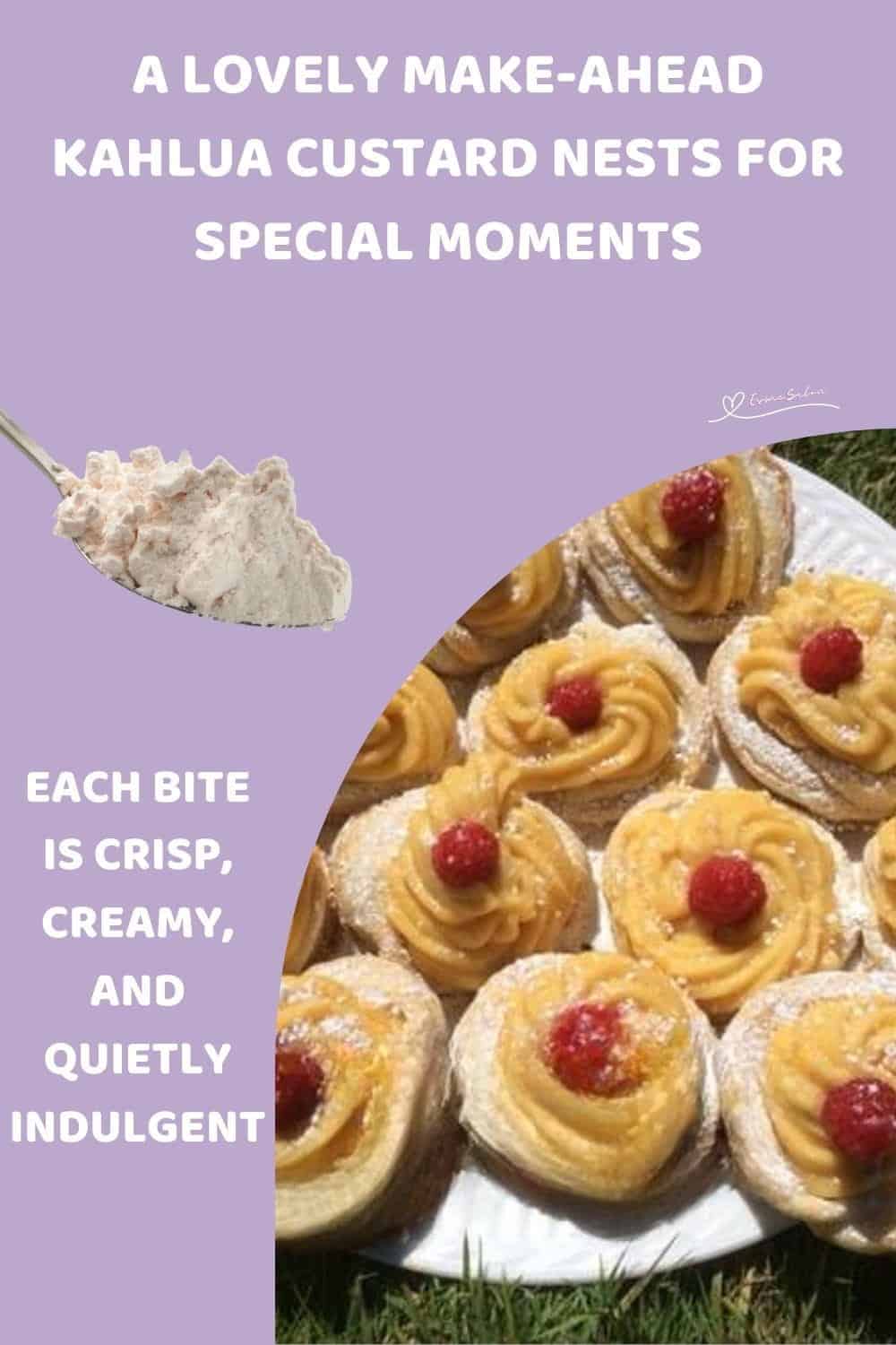 An image of a plate of Kahlua Custard Nests dusted with icing sugar and decorated with fruit