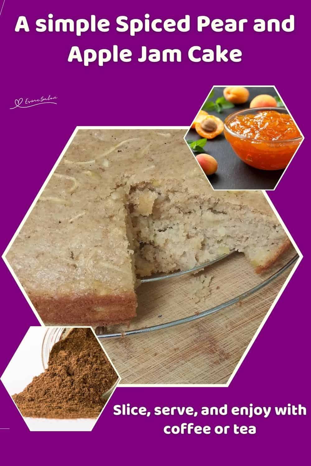 An image of a Pear and Apple Jam Cake resting on a cooling rack