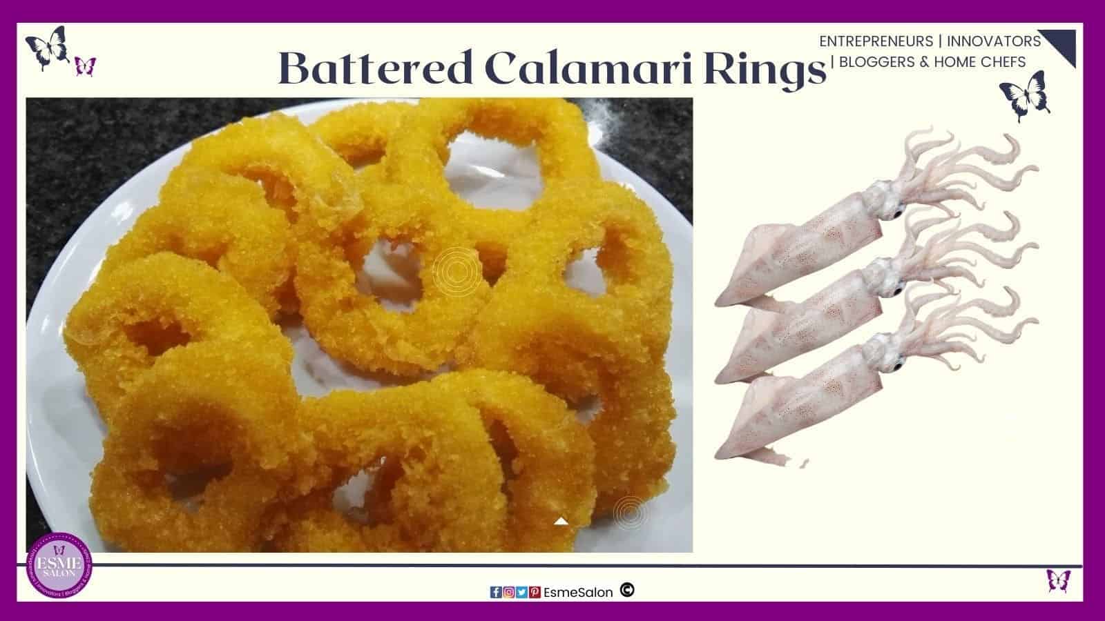 an image of a white round plate filled with flour Battered Calamari Rings