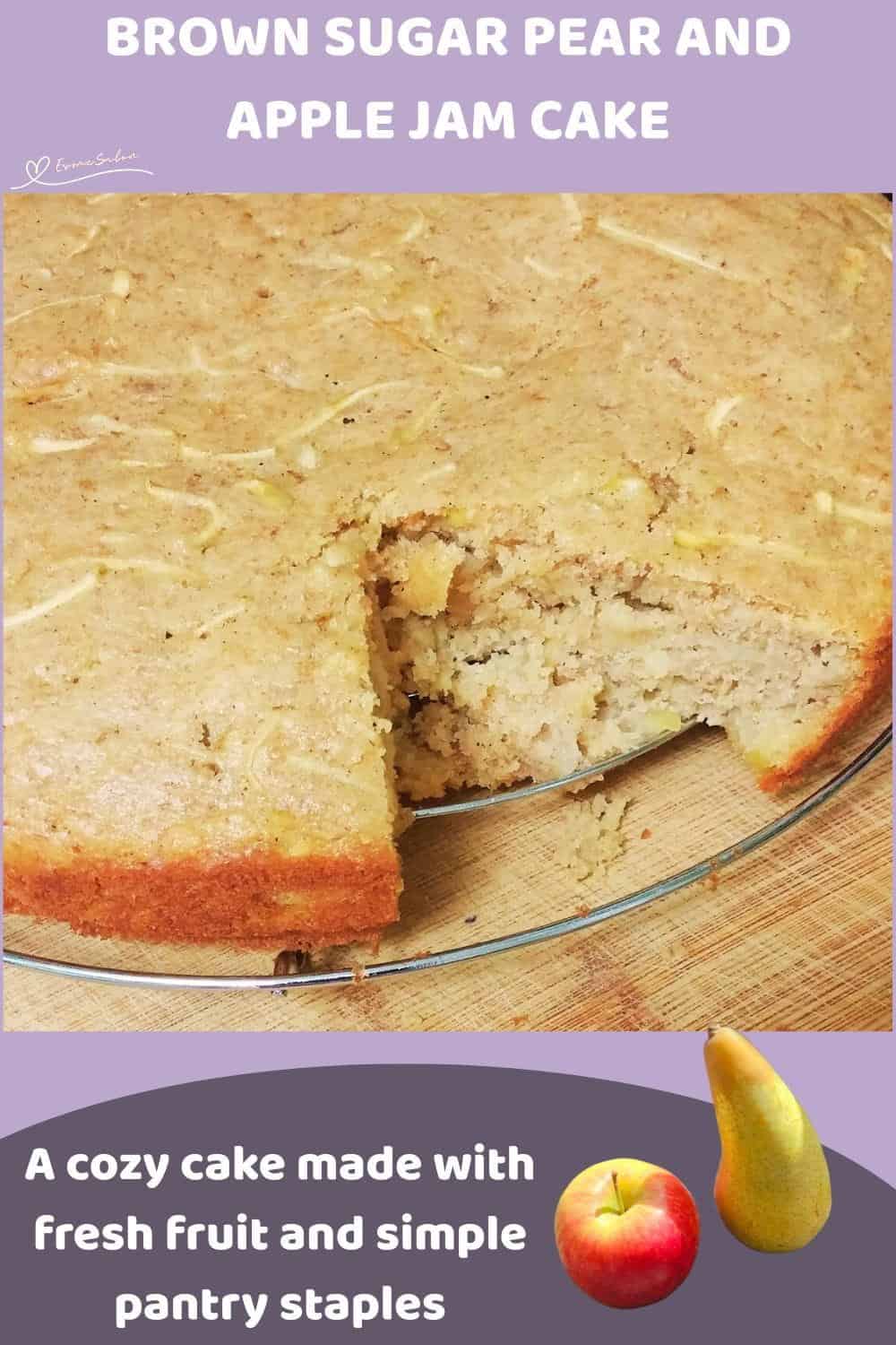 An image of a Pear and Apple Jam Cake resting on a cooling rack