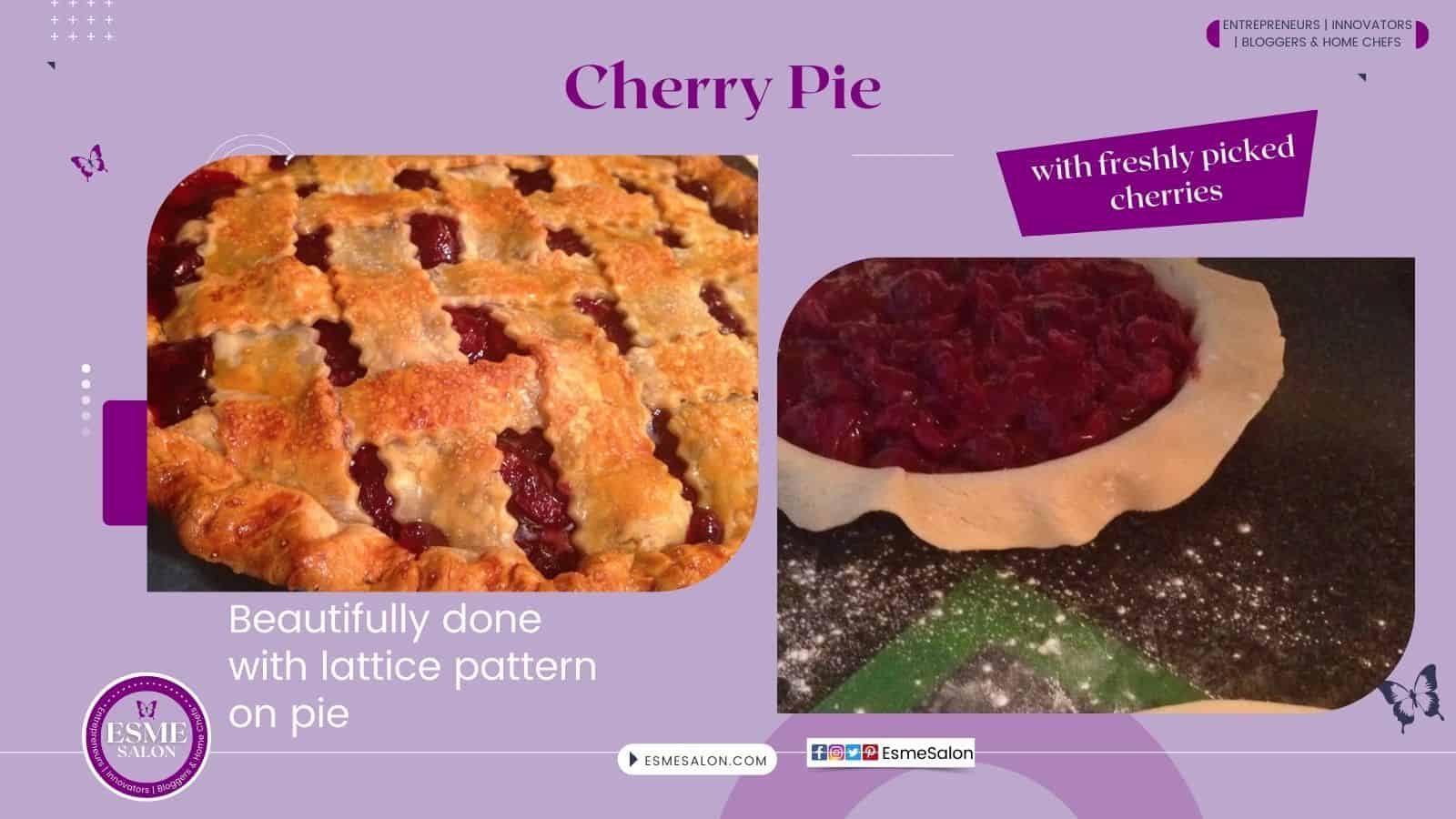 an image of Cherry Pie with lattice pattern as well as cherry filling in the pie crust ready to be baked
