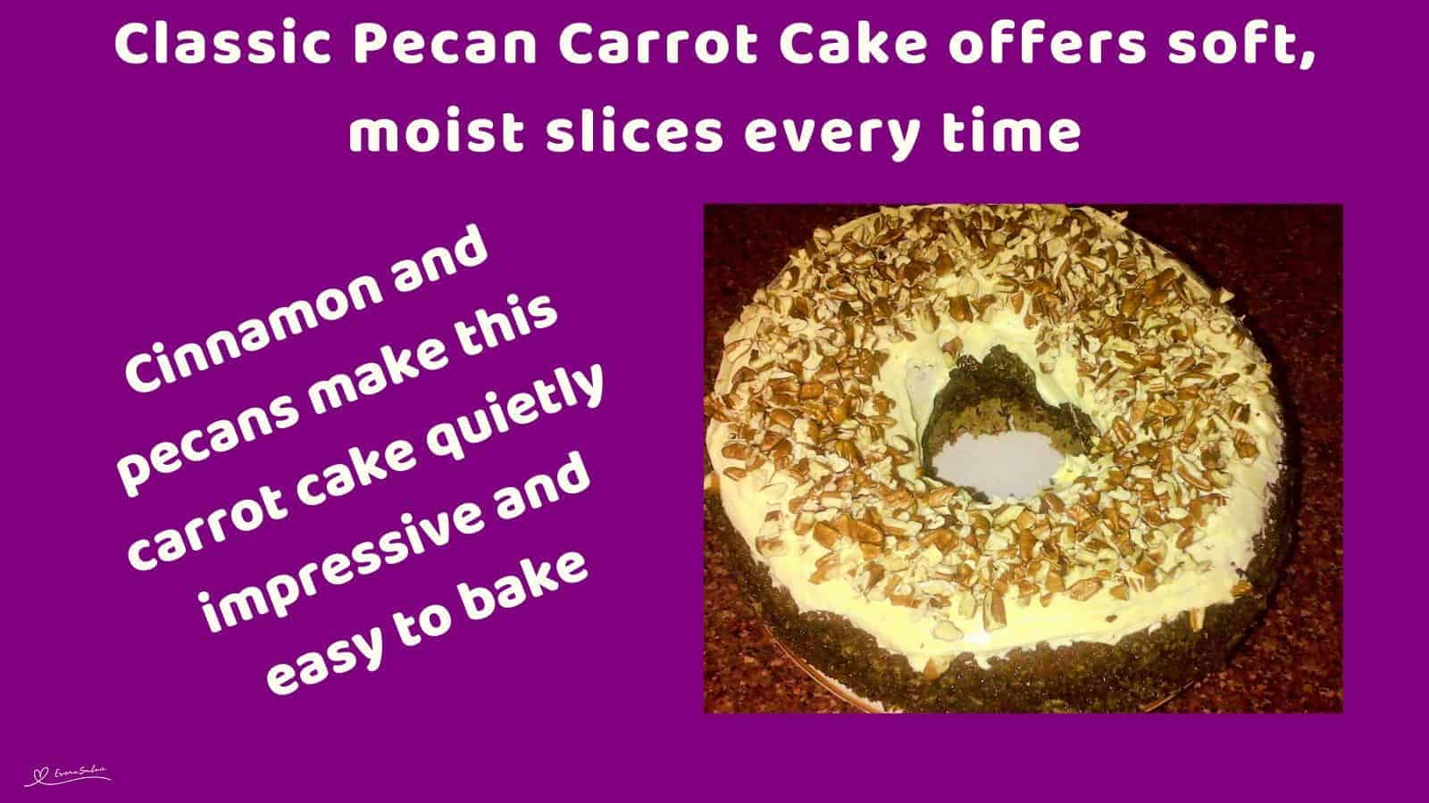 An image of a Classic Pecan Carrot Cake with cottage cheese icing and pecan nuts