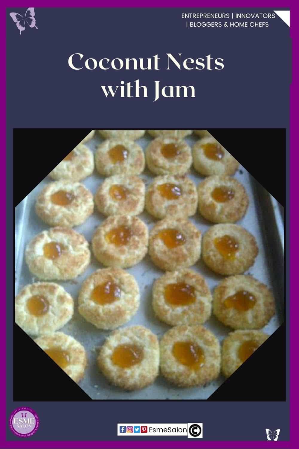 an image of a baking tray with parchment paper filled with already baked Coconut nests with Jam in the middle