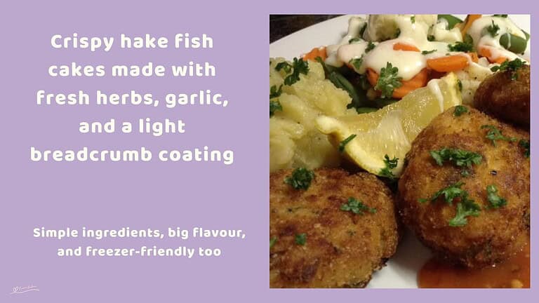 An image of Crispy Hake Fish Cakes, served with garlic and chili sauce, steamed vegetables in a white sauce