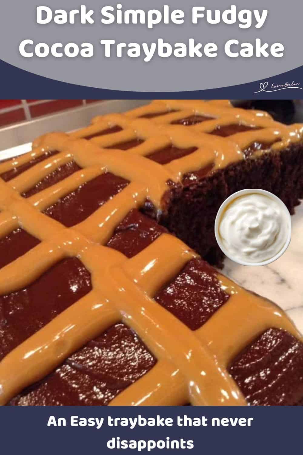An image of a Fudgy Cocoa Traybake Cake with caramel topping
