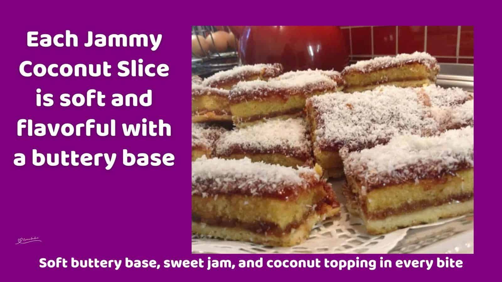 An image of a Jammy Coconut Slice on a soft base