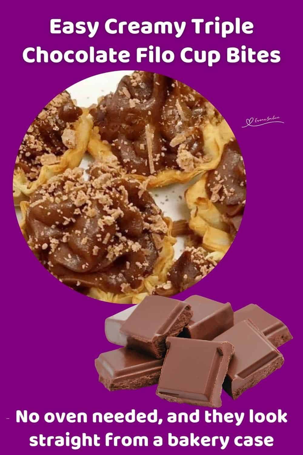 An image of Triple Chocolate Filo Cup Bites with chocolate shavings