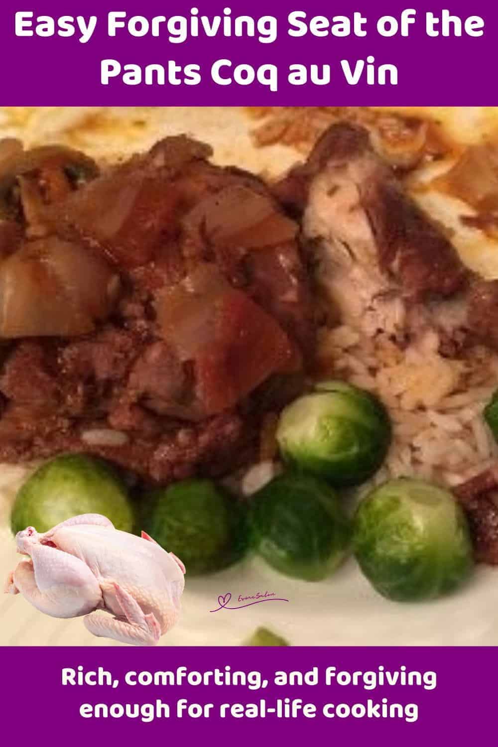 An image of a Seat of the Pants Coq au Vin with Brussel Sprouts on the side