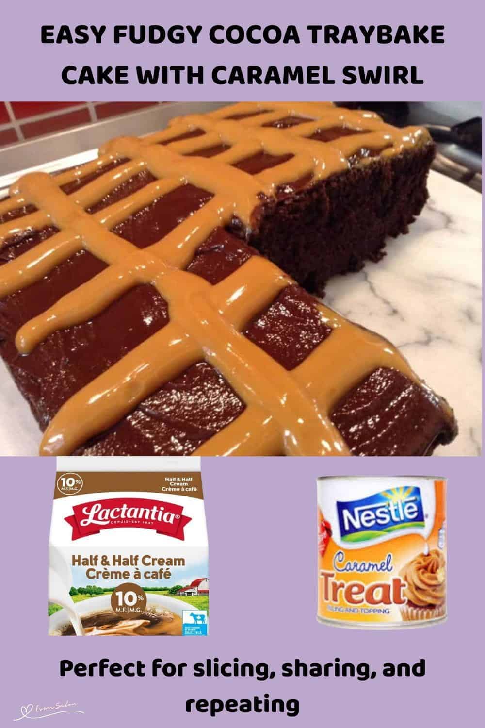 An image of a Fudgy Cocoa Traybake Cake with caramel topping