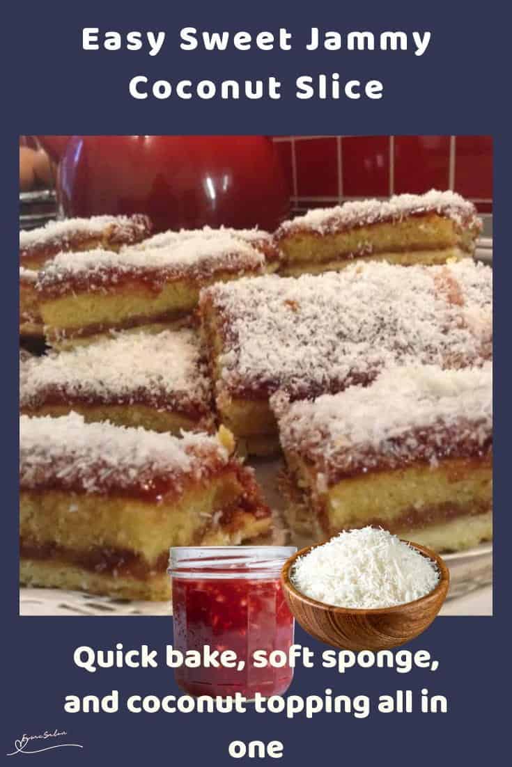 An image of a Jammy Coconut Slice on a soft base